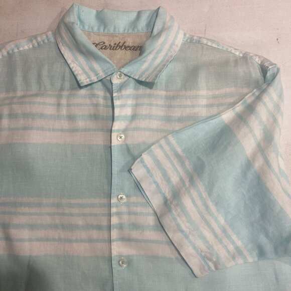 Caribbean 100% Linen Button Up Shirt Mens L Blue Striped Short Sleeve Coastal Re - Picture 1 of 9